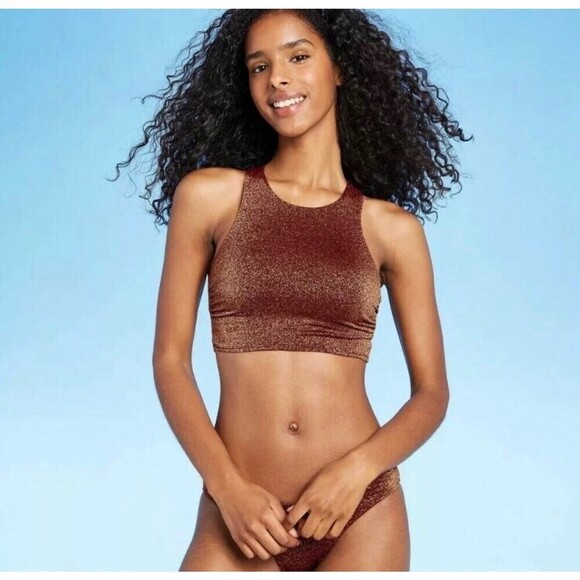 Juniors' Metallic Textured High Neck Bikini Top Swim Suit- Xhilaration Raisin L - Picture 1 of 3